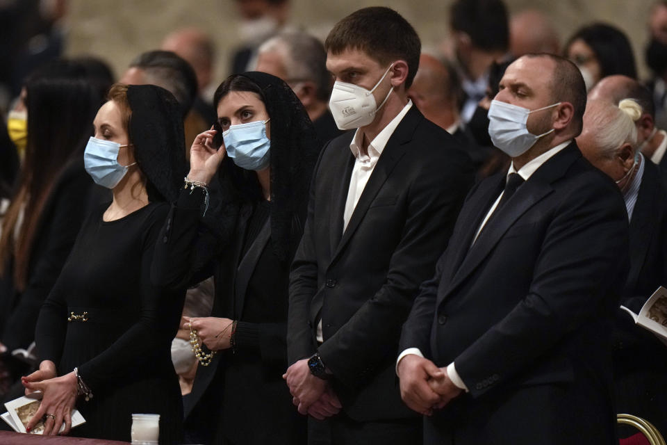 From left, Ukrainian lawmakers Olena Khomenko, Maria Mezentseva, Melitopol Mayor Ivan Fedorov and lawmaker Rustem Umerov attend a Easter vigil ceremony presided over by Pope Francis, in St. Peter's Basilica at the Vatican, Saturday, April 16, 2022. (AP Photo/Alessandra Tarantino)