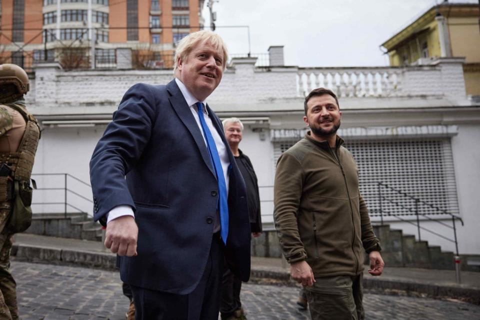 Boris Johnson, pictured with Ukrainian President Volodymyr Zelensky earlier this month, has been banned from Russia (PA) (PA Media)