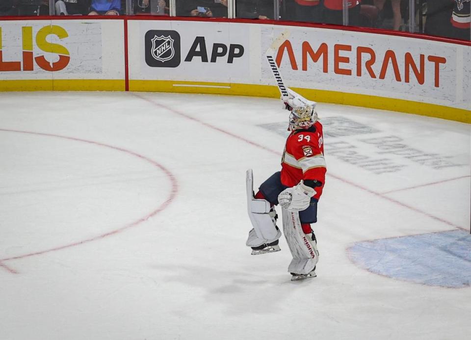 Florida Panthers goaltender Alex Lyon (34) celebrates a 2-1 win during an NHL game between the Florida Panthers and the Buffalo Sabres on Tuesday, April 4, 2023, at FLA Live Arena in Sunrise, Fla.