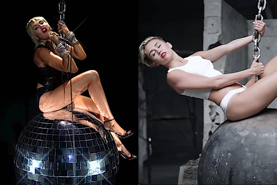 Miley Cyrus at the 2020 VMAs and in the 2013 "Wrecking Ball" video. (Photos: MTV, RCA Records)