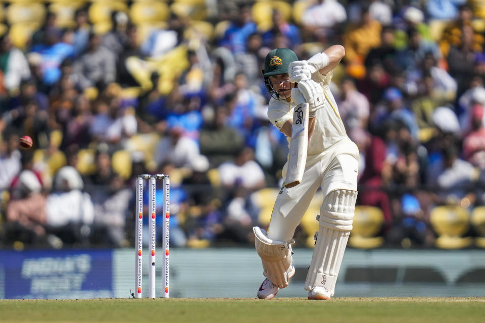 Australia's Marnus Labuschagne plays a shot during the first day of the first cricket test match between India and Australia in Nagpur, India, Thursday, Feb. 9, 2023. (AP Photo/Rafiq Maqbool)