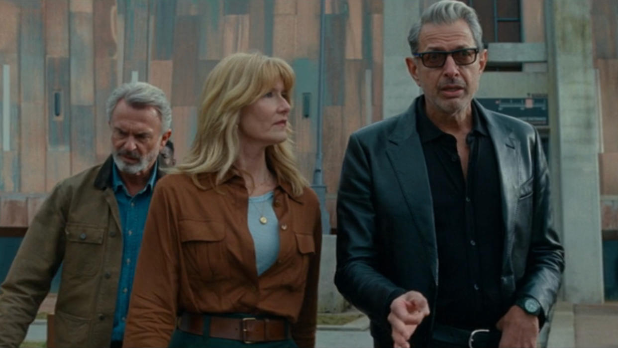  Sam Neill and Laura Dern follow Jeff Goldblum on a walk in Jurassic World Dominion. 