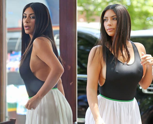 Kim Kardashian ist die Königin des Sideboobs. Dem Motto „Wenig hilft viel“ blieb der Reality Star auch beim Mittagessen mit Schwester Kourtney treu. Sie hatte sich zum Lunch in einem Restaurant in den Hamptons in ein hautenges Oberteil gezwängt, das tiefe seitliche Einblicke zuließ. Dafür gab sich Kim unten herum ungewohnt züchtig und versteckte ihre Beine unter einem langen Rock. (Bilder: Splash)