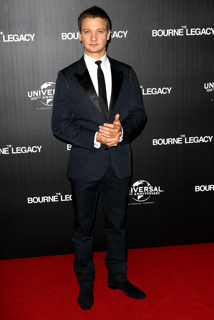 And last but not least we have action star extraordinaire Jeremy Renner, who cleaned up quite nicely for the Australian premiere of his soon-to-be blockbuster, <a href="http://movies.yahoo.com/movie/bourne-legacy/" data-ylk="slk:"The Bourne Legacy.";elm:context_link;itc:0;sec:content-canvas" class="link ">"The Bourne Legacy."</a> Helping him achieve his dapper look were a D&G suit, shirt, and tie, along with Christian Louboutin loafers. Designer labels aren't just for Hollywood's leading ladies! (8/8/2012)<br><br><a href="http://bit.ly/lifeontheMlist" rel="nofollow noopener" target="_blank" data-ylk="slk:Follow 2 Hot 2 Handle creator, Matt Whitfield, on Twitter!;elm:context_link;itc:0;sec:content-canvas" class="link ">Follow 2 Hot 2 Handle creator, Matt Whitfield, on Twitter!</a>