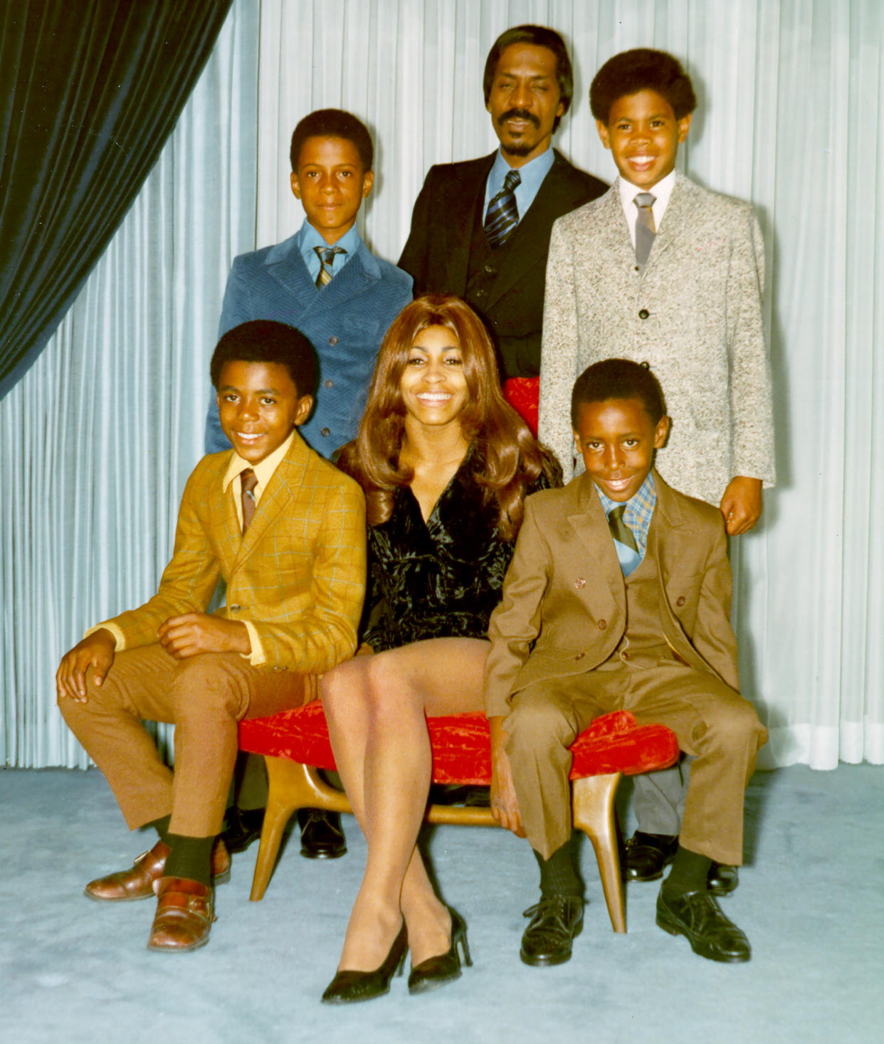 Ike & Tina Turner with their son and step-sons in circa 1972. Top row: Ike Turner, Jr., Ike Turner, and Craig Hill. Bottom row: Michael Turner, Tina Turner, and Ronnie Turner. (Getty Images)