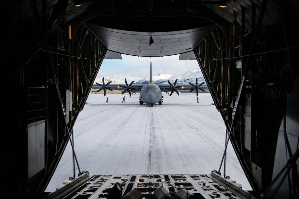 A U.S. Air Force C-130J Super Hercules assigned to the 36th Airlift Squadron, Yokota Air Base, Japan, stops on the runway during Joint Pacific Multinational Readiness Center 24-02 at Joint Base Elmendorf-Richardson, Alaska, Feb. 9, 2024.