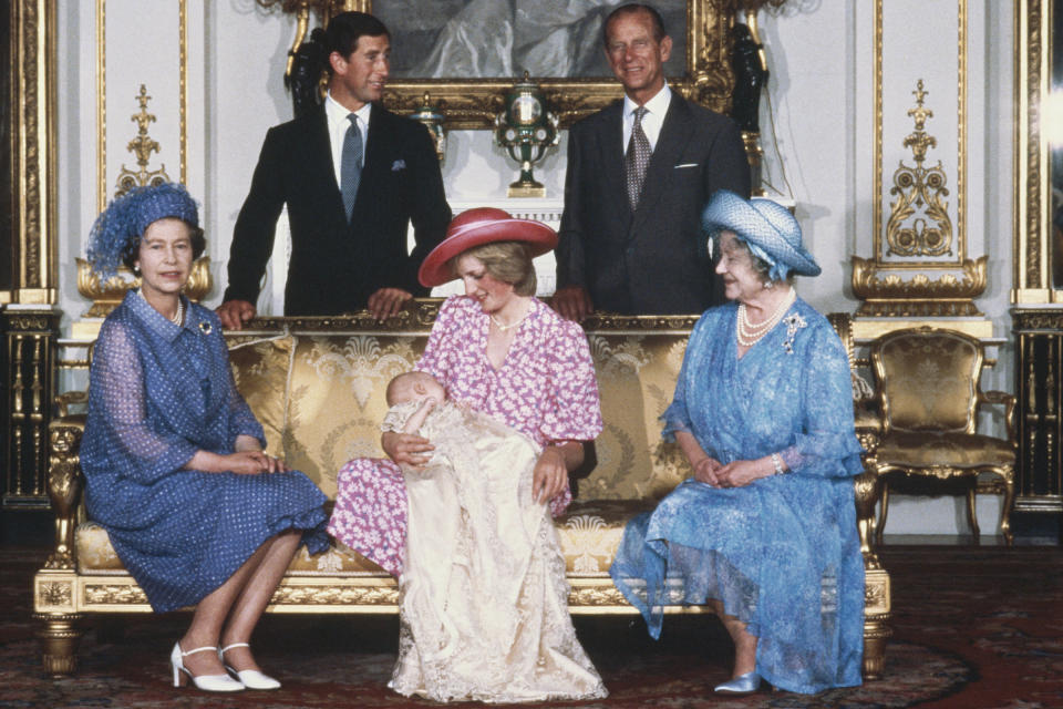 Diana, Princess of Wales holding her son Prince William with Charles, Prince of Wales, Prince Philip the Duke of Edinburgh, Queen Elizabeth II and Queen Elizabeth the Queen Mother at Buckingham Palace after Prince William's christening ceremony on Aug. 4, 1982.<span class="copyright">Tim Graham Photo Library/Getty Images</span>