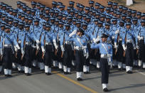 India's Republic Day parade marches through Rajpath, the ceremonial boulevard in New Delhi, India, Sunday, Jan. 26, 2020. Sunday's event that showcases India's military might and economic strength marks the anniversary of the country's democratic constitution taking force in 1950 .(AP Photo/Manish Swarup)