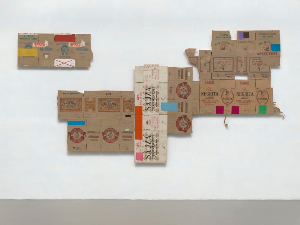 ‘Night Post’ from Roci Mexico, 1985. Acrylic, fabric, and tape on cardboard (Robert Rauschenberg Foundation)