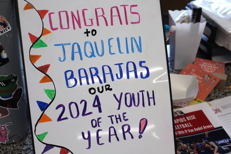 A sign congratulating Jaquelin Barajas on display at the northside unit of the Boys and Girls Club of Greater Holland.