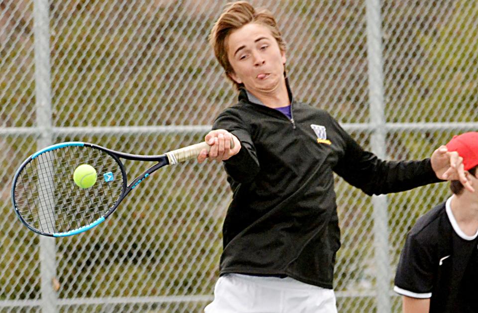 Watertown's Evan Meester smacks a forehand return during a high school boys tennis dual against Yankton on Thursday, April 27, 2023 at the Highland Park courts.