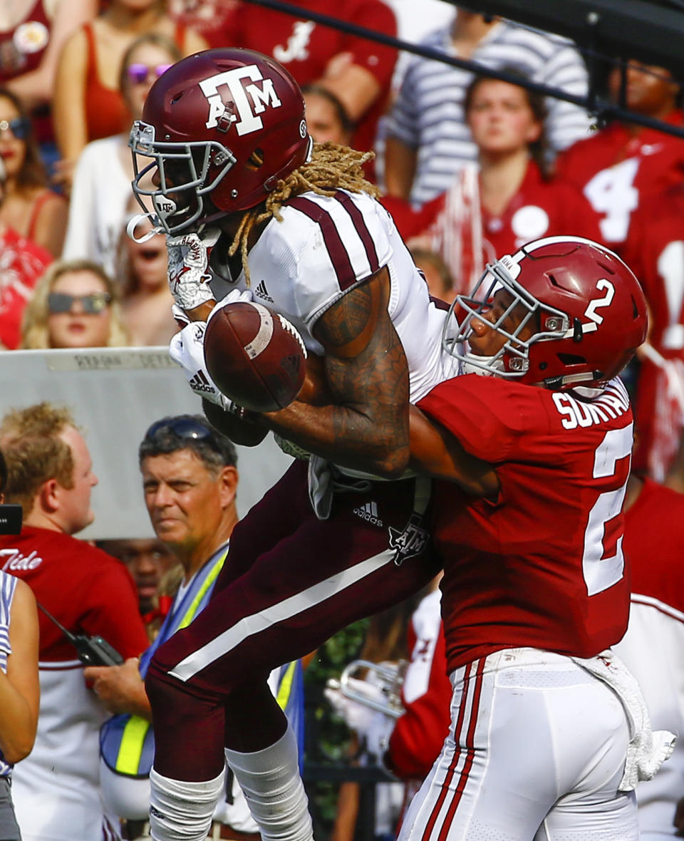 Alabama defensive back Patrick Surtain II (2) breaks up a pass intended for Texas A&M wide receiver Kendrick Rogers (13) in the end zone during the first half of an NCAA college football game, Saturday, Sept. 22, 2018, in Tuscaloosa, Ala. (AP Photo/Butch Dill)