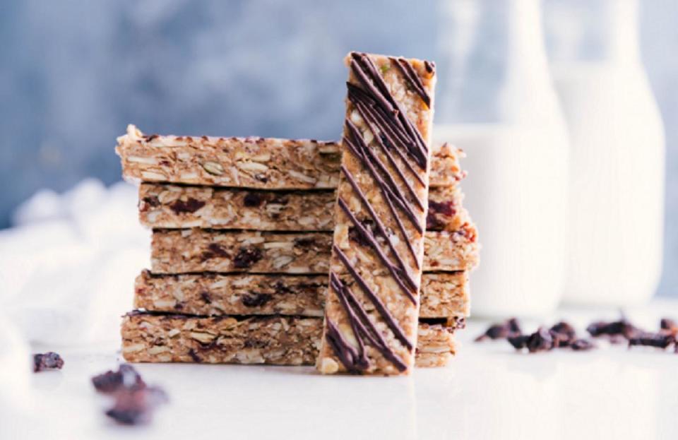 <p>If you are short on time, whip up a batch of these bars with cherry, pepitas, almonds and dark chocolate. They are ready in an hour and ship exceptionally well. </p> <p><a href="https://www.thedailymeal.com/best-recipes/no-bake-cherry-granola-bars?referrer=yahoo&category=beauty_food&include_utm=1&utm_medium=referral&utm_source=yahoo&utm_campaign=feed" rel="nofollow noopener" target="_blank" data-ylk="slk:For the No-Bake Cherry Granola Bars recipe, click here.;elm:context_link;itc:0;sec:content-canvas" class="link ">For the No-Bake Cherry Granola Bars recipe, click here.</a></p>