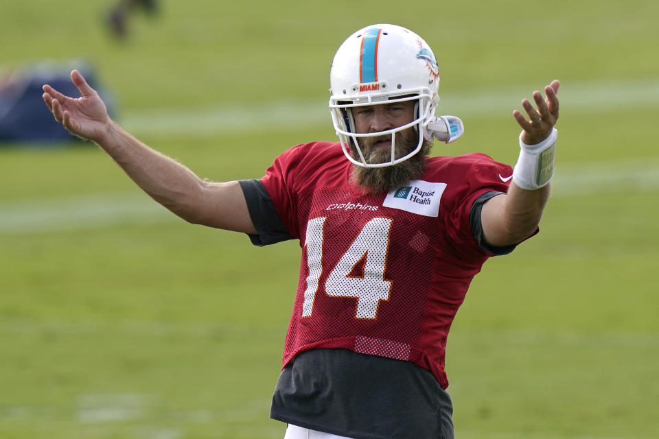 Miami Dolphins quarterback Ryan Fitzpatrick (14) gestures during practice. (AP Photo/Lynne Sladky)