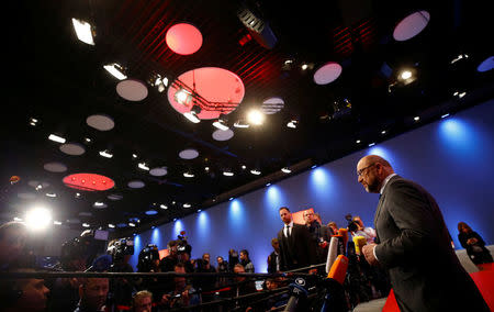 Martin Schulz, leader of Germany's Social Democratic Party (SPD) inspects the convention hall prior to the SPD's one-day party congress in Bonn, Germany, January 20, 2018. REUTERS/Wolfgang Rattay