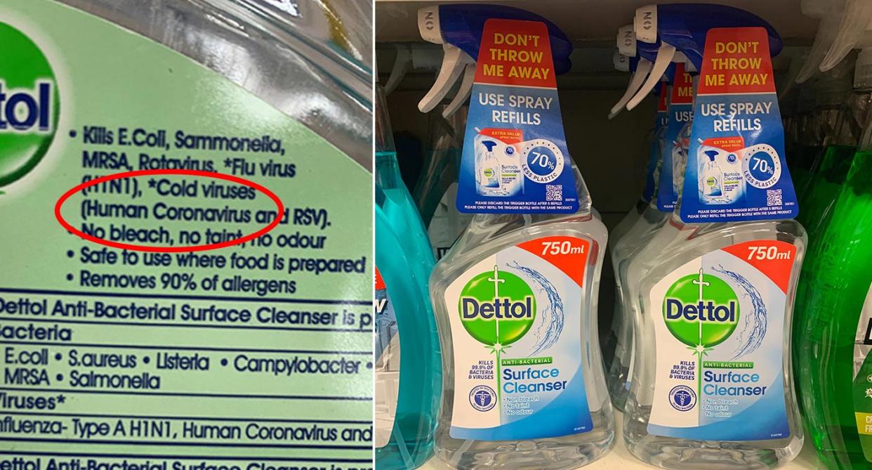 Facebook users have posted images of Dettol's claims to &quot;kill human coronavirus&quot; (Picture: Yahoo News UK)