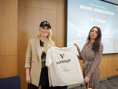 Alexandra Mary Hirschi from Supercar Blondie, and Nadine Azzam, Head of MENA for Vantage, at the signing ceremony and press conference held on 18 January in Dubai. (PRNewsfoto/Vantage)