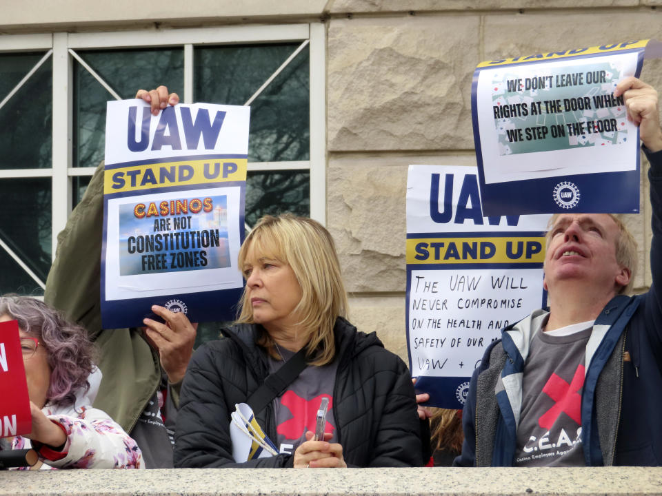 Casino workers in favor of banning smoking in Atlantic City demonstrate outside a courthouse in Trenton, N.J. On Monday, April 29, 2024, Atlantic City's main casino workers union asked a judge to let it intervene in that lawsuit. (AP Photo/Wayne Parry)