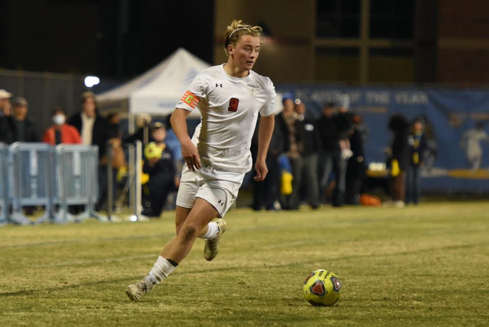 Grace Brethren forward Jeremy Larson has control of the ball during the CIF-SS Division 7 final Saturday night at UCLA. The Lancers fell to host Geffen Academy on penalty kicks.