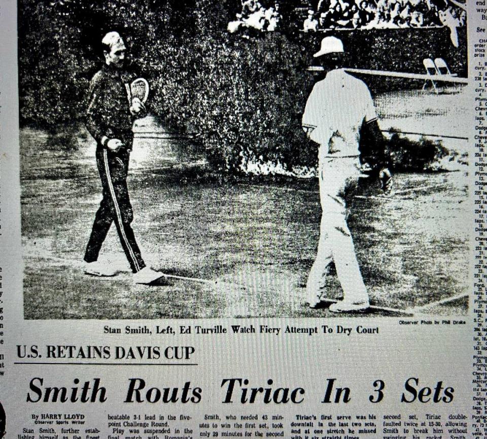A story and photo from an October 1971 Charlotte Observer showed Stan Smith walking on a tennis court at Charlotte’s Olde Providence Racquet Club. The court had gasoline poured on it and then set afire to make the clay dry more quickly. A police helicopter was also used that day to dry the court. Smith then beat Romania’s Ion Tiriac in straight sets to clinch the 1971 Davis Cup for the U.S., a victory in the Queen City he fondly remembers more than 50 years later. “A helicopter and gasoline used to dry the court - you just don’t see that very often,” Smith said.