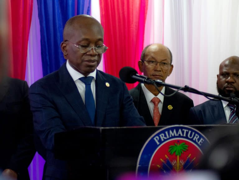 Haiti's acting Prime Minister Michel Patrick Boivert speaks during the swearing in of a new transitional council in Port-au-Prince, Haiti, on April 25, 2024 (Clarens SIFFROY)
