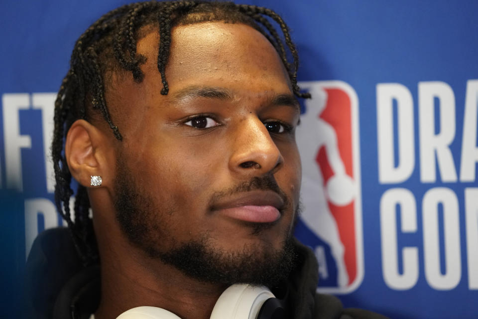 May 14, 2024; Chicago, IL, USA; Bronny James talks to the media during the 2024 NBA Draft Combine at Wintrust Arena. Mandatory Credit: David Banks-USA TODAY Sports