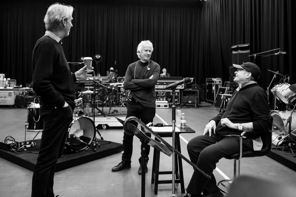 Genesis' Mike Rutherford (left), Tony Banks and Phil Collins rehearse for "The Last Domino?" tour.