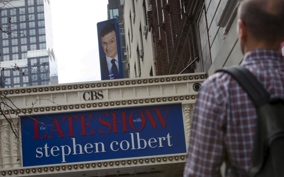 The marquee for "The Late Show with Stephen Colbert" is seen on the Ed Sullivan Theater in Manhattan - Credit: Reuters