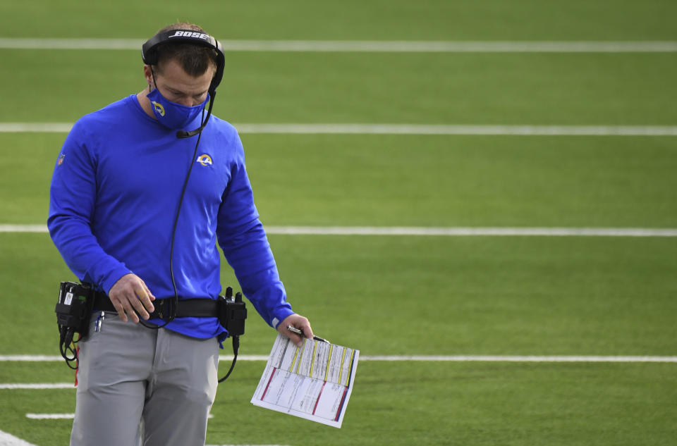 Head coach Sean McVay of the Los Angeles Rams looks on against the New York Jets in the first half of a NFL football game at SoFi Stadium in Inglewood on Sunday, December 20, 2020. (Keith Birmingham/The Orange County Register via AP)