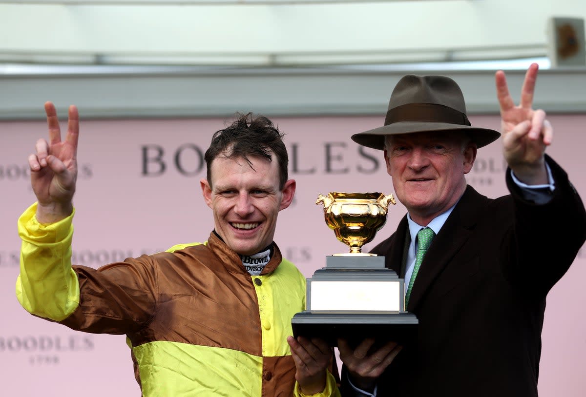 As well as winning the Gold Cup, Willie Mullins, right, and stable jockey Paul Townend were the leading trainer and jockey at the festival (Steven Paston for The Jockey Club/PA Wire)