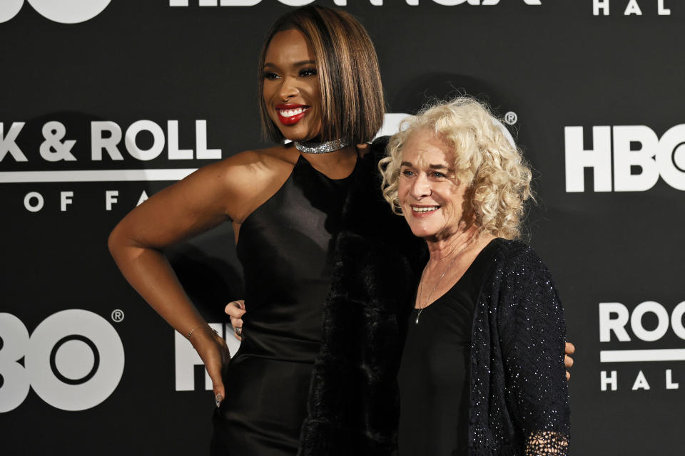 Jennifer Hudson and Carole King pose for photos during the Rock and Roll Hall of Fame Induction ceremony, Saturday, Oct. 30, 2021, in Cleveland. (AP Photo/Ron Schwane) - Credit: AP