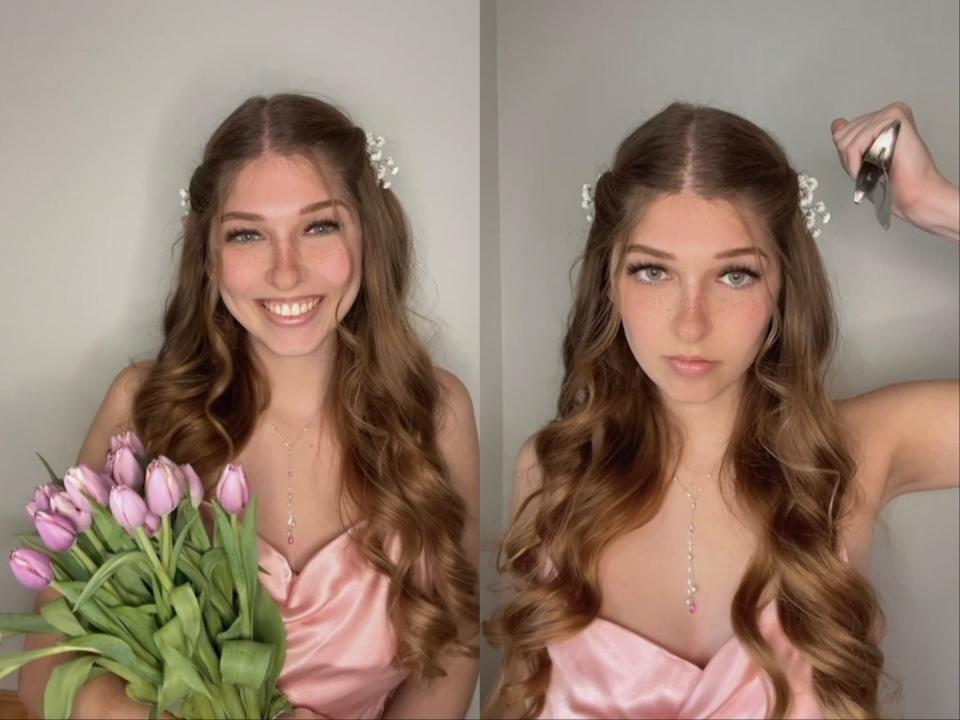 A side-by-side of a girl in a pink dress. She holds flowers in one photo and a knife in the other.