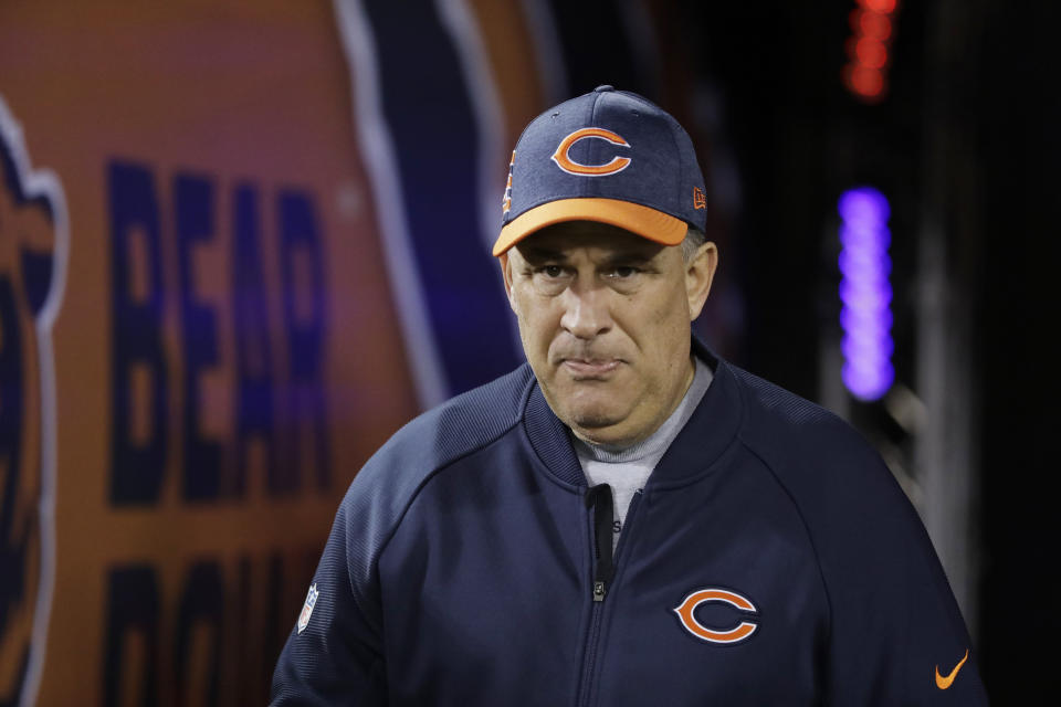 FILE - In this Dec. 9, 2018, file photo, Chicago Bears defensive coordinator Vic Fangio walks to the field before an NFL football game against the Los Angeles Rams, in Chicago. A person with knowledge of the decision tells The Associated Press that Denver Broncos general manager John Elway has decided on Chicago Bears defensive coordinator Vic Fangio as his new head coach. The person spoke on condition of anonymity Wednesday, Jan. 9, 2019, because the team hadn't announced the hiring. (AP Photo/Nam Y. Huh, File)