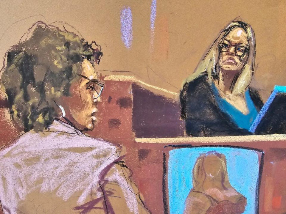 A courtroom sketch depicts defense attorney Susan Necheles questioning Stormy Daniels on May 9 (REUTERS)