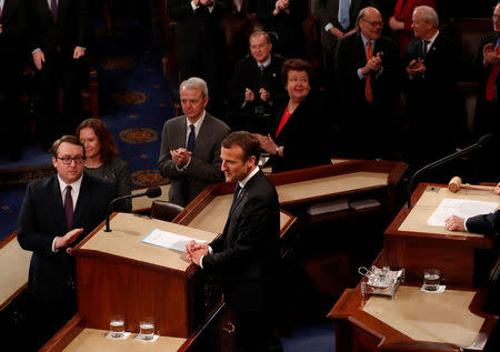 French President Emmanuel Macron arrives to address a joint meeting of the U.S. Congress in the House chamber of the U.S. Capitol in Washington, U.S., April 25, 2018. REUTERS/Jonathan Ernst