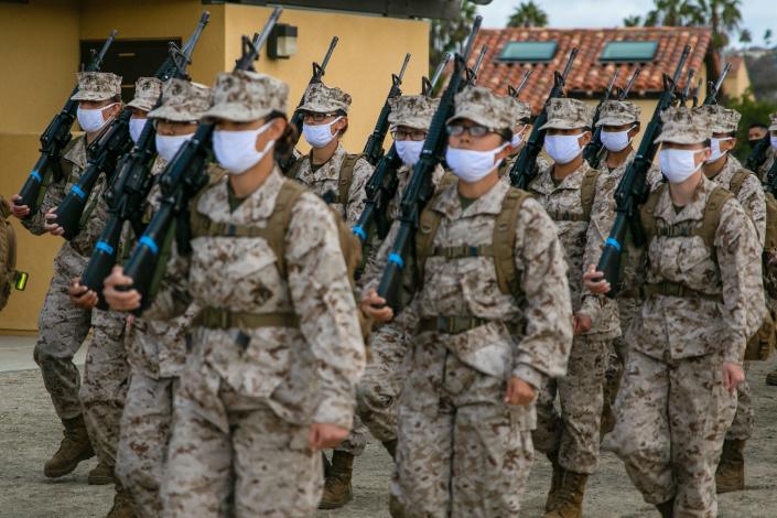 Marines in masks at boot camp in San Diego