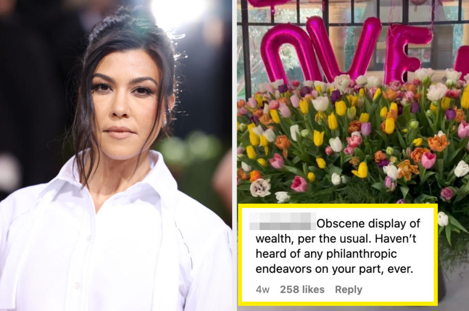 Closeup of Kourtney Kardashian and her flower arrangement