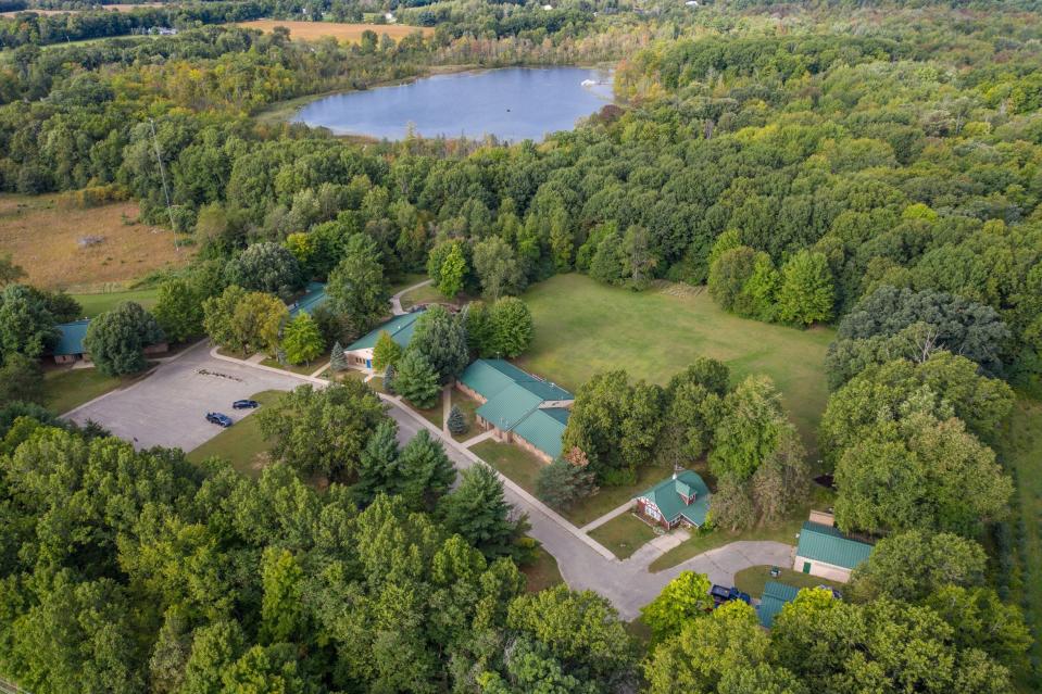 A drone captures an aerial view of Lansing School District’s Ebersole Environmental Education Center in Wayland in 2021. A gift of 80 acres will grow the size of the center from 158 acres to 238 acres.