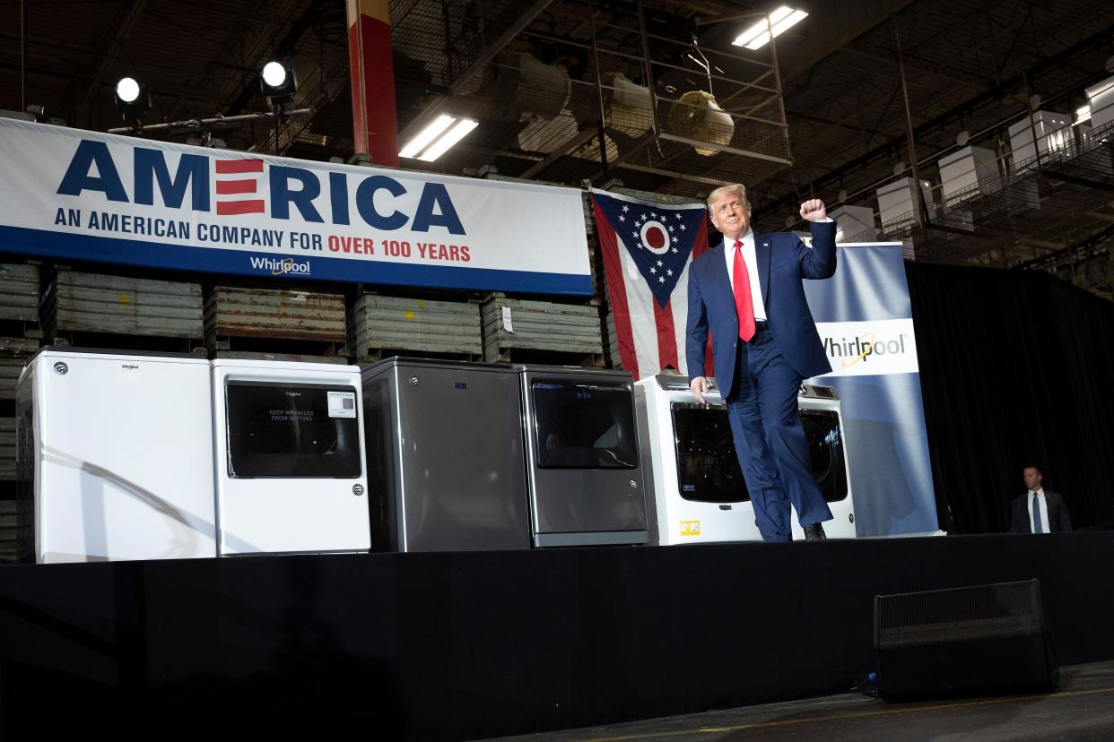 President Donald Trump arrives to deliver remarks after touring a Whirlpool manufacturing plant in Clyde, Ohio, on Thursday. (Photo: JIM WATSON/AFP via Getty Images)