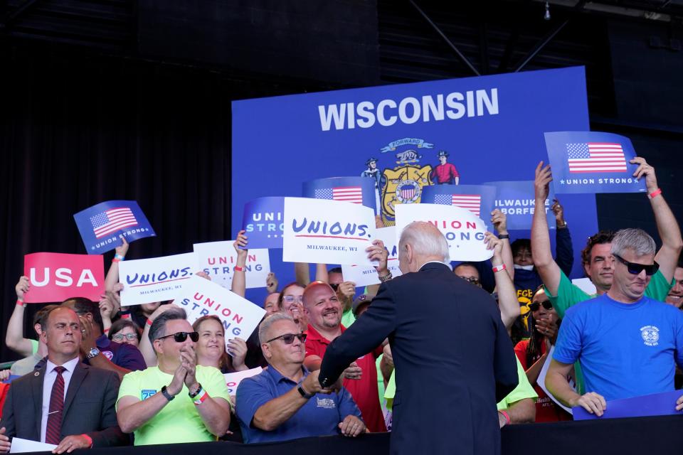 President Joe Biden arrives to speak during an event at Henry Maier Festival Park in Milwaukee, Monday, Sept. 5, 2022. Biden is in Wisconsin this Labor Day to kick off a nine-week sprint to the crucial midterm elections.