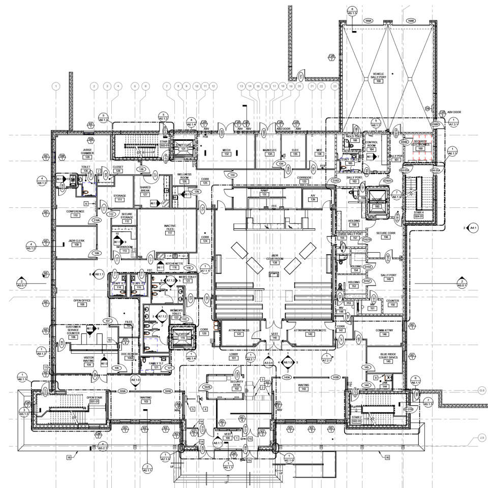 The bottom floorplan for the Staunton Juvenile and Domestic Relations District Court facility.