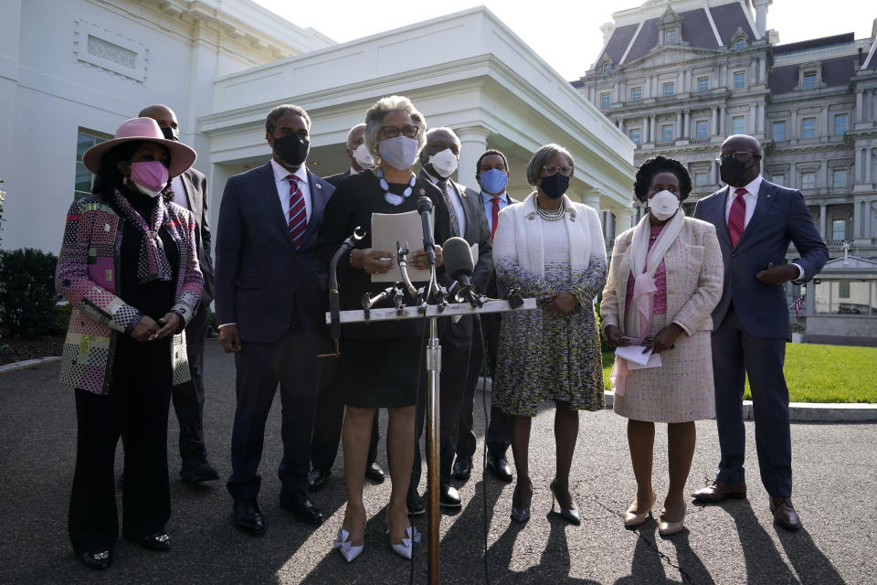 Rep. Joyce Beatty, D-Ohio, center, chair of the Congressional Black Caucus, speaks with members of the press alongside caucus members after meeting with President Joe Biden and Vice President Kamala Harris at the White House, Tuesday, April 13, 2021, in Washington. (AP Photo/Patrick Semansky)
