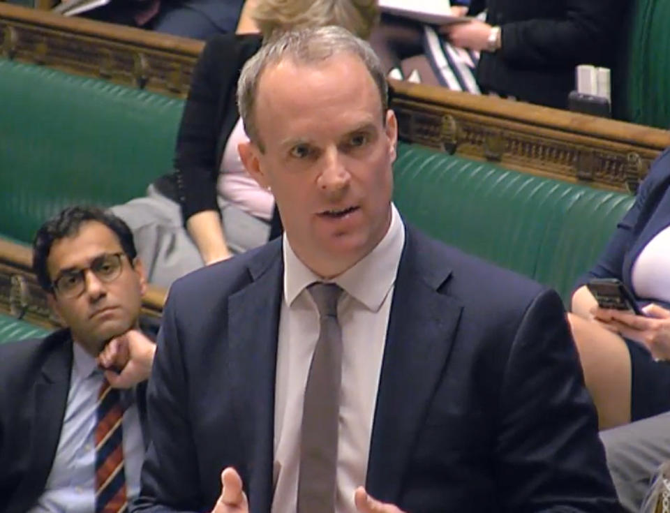 Foreign Secretary Dominic Raab speaking in the House of Commons in London, where he told MP that the Foreign Office is advising against all non-essential foreign travel for an initial period of 30 days. (Photo by House of Commons/PA Images via Getty Images)