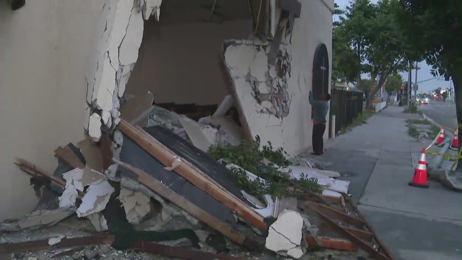 A church in South Los Angeles was damaged for the fourth time by a crash on May 4, 2024. (KTLA)