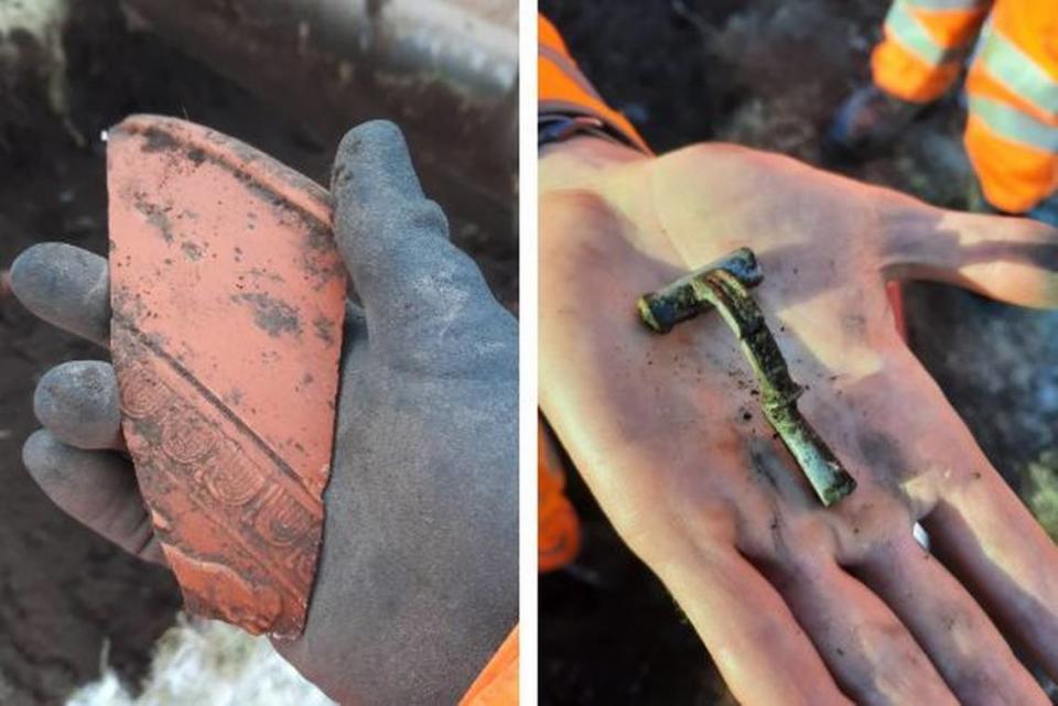 “Luxurious” Roman tableware and an ancient copper brooch. Photo from National Highways