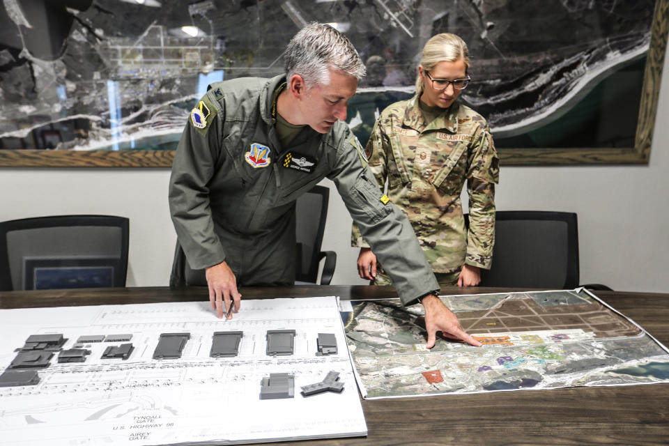 Col. George Watkins CMDR, 325th Fighter Wing overlooks plans of the rebuild of Tyndall Air force Base. (Lucas Thompson / NBC News)