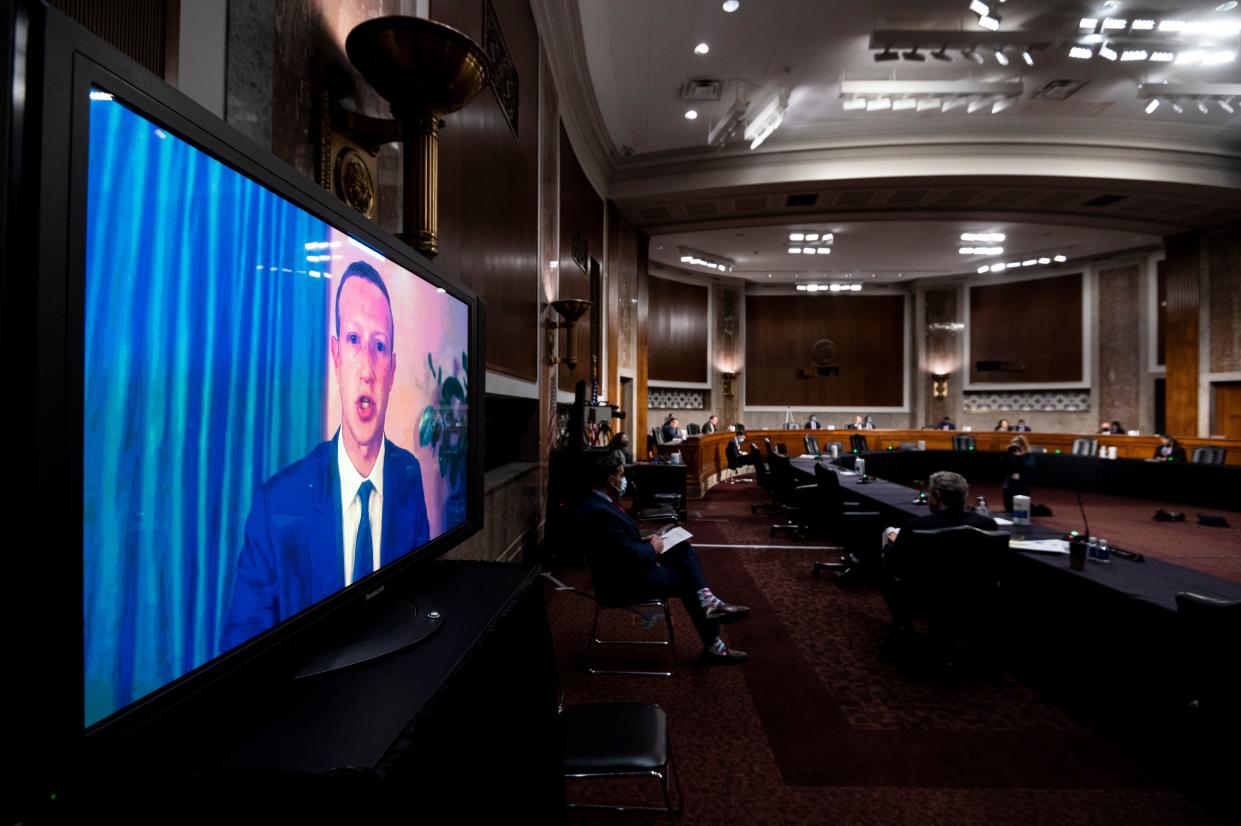 Mark Zuckerberg, Chief Executive Officer of Facebook, testifies remotely during the Senate Judiciary Committee hearing on 'Breaking the News: Censorship, Suppression, and the 2020 Election' on Capitol Hill on November 17, 2020 in Washington, DC. (Bill Clarke/Pool/AFP via Getty Images)