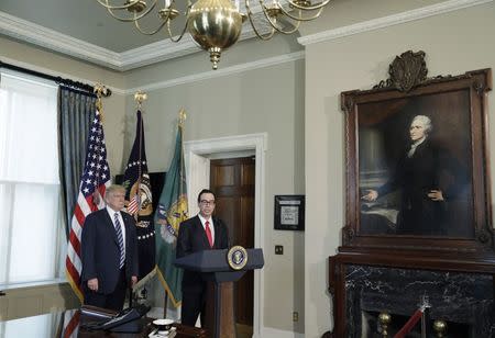 With a portrait of the first U.S. Treasury Secretary Alexander Hamilton looking on, U.S. President Donald Trump (L) arrives with Treasury Secretary Steven Mnuchin prior to signing financial services executive orders at the Treasury Department in Washington, U.S., April 21, 2017. REUTERS/Kevin Lamarque