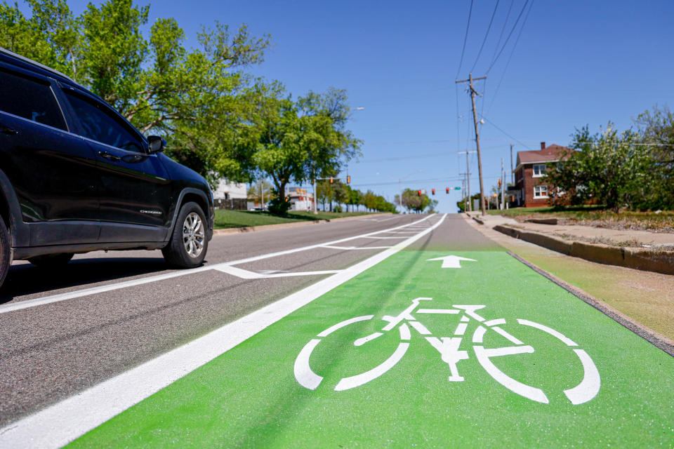 Bike lanes are painted on roads near NE 8 and N Lottie Avenue in Oklahoma City.