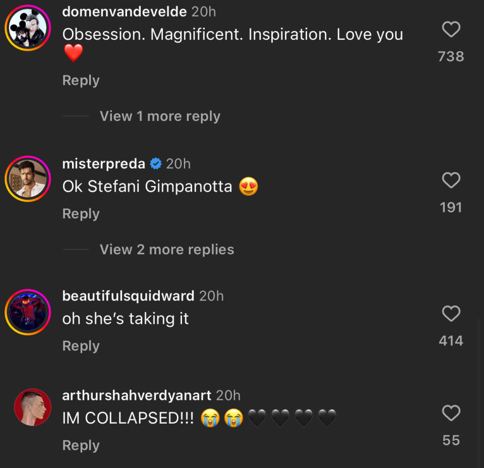 Comments on a social media post by domenvandevelde, misterpreda, beautifulsquidward, and arthurshahverdiyanart, praising someone named Stefani